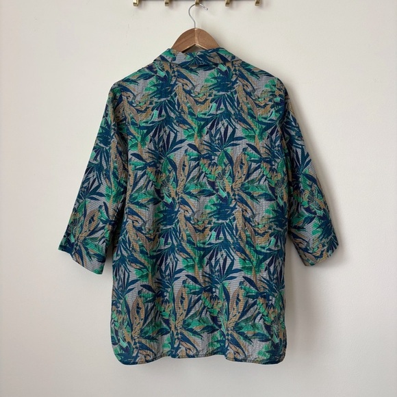 Lafayette 148 Leaf Print Shirt Medium Cotton Silk Blue Green - Picture 4 of 7